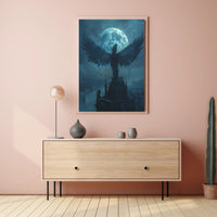 Ethereal Gothic Cityscape with Winged Silhouette Fantasy Poster
