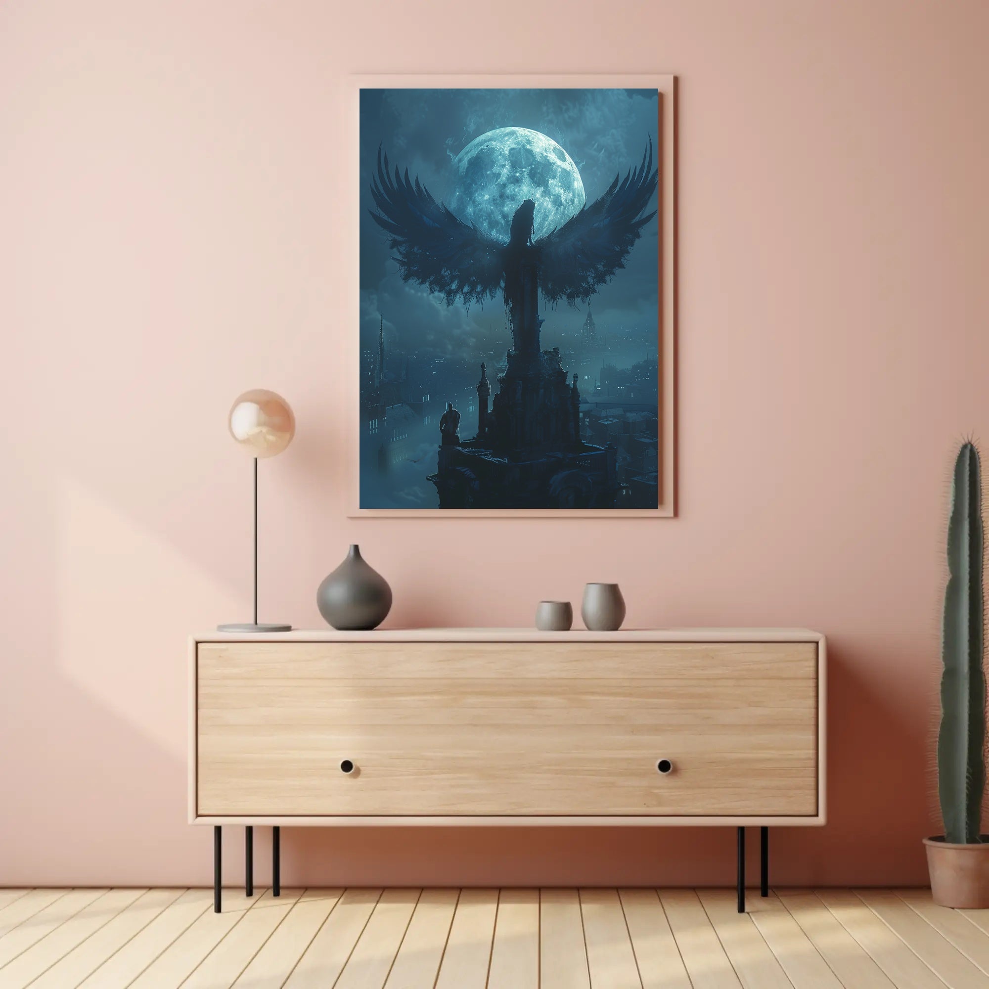 Ethereal Gothic Cityscape with Winged Silhouette Fantasy Poster