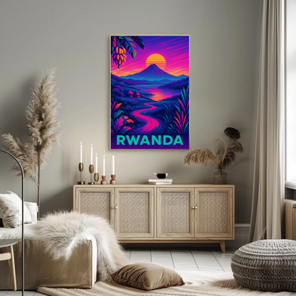 Rwanda Neon Night Valley Sunset Travel Poster