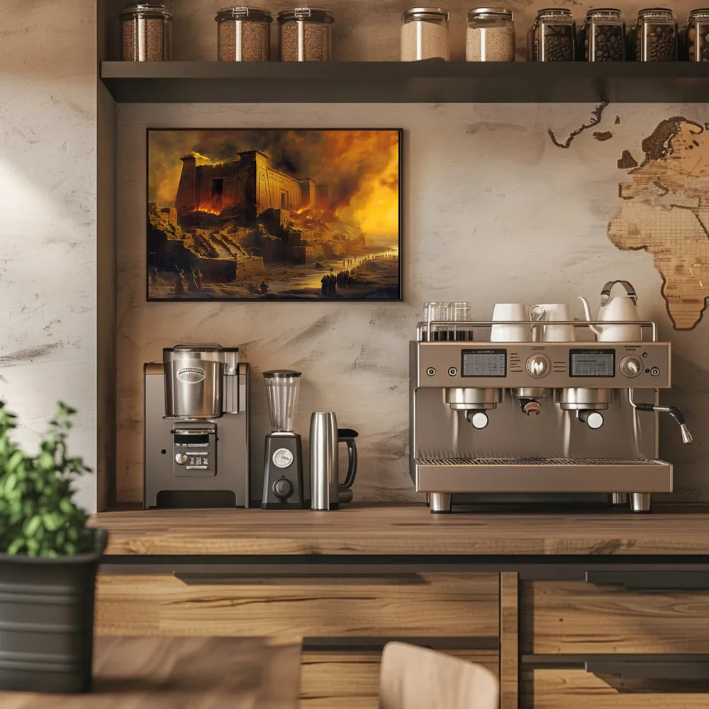 Ancient Temple Ablaze: Mythical Destruction Art Poster