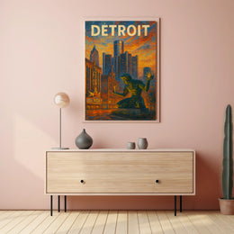 Spirit Of Detroit Poster Fiery Cityscape For Detroit Fans