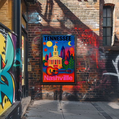 Tennessee Nashville Capitol Guitar Music City Vintage Travel Poster
