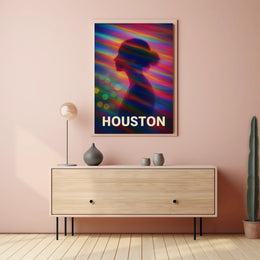 Vibrant Silhouette Houston Night City Neon Skyline Pop Art Digital Painting Urban Poster