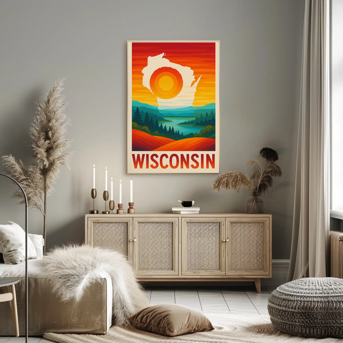 Wisconsin Sunset Nature River Forest Outline Scenic Travel Poster