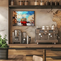 Vintage Tram Cityscape: Modern Impressionist Art Poster