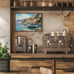 The poster showcases a scenic coastal village, likely inspired by the Mediterranean region, Travel Poster
