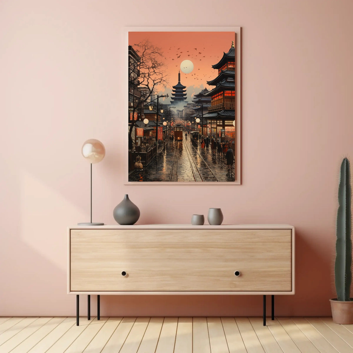 Vibrant Japanese Cityscape Sunset with Pagoda Cultural Poster