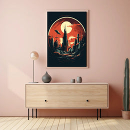 Futuristic Cityscape Under a Crimson Sky Poster