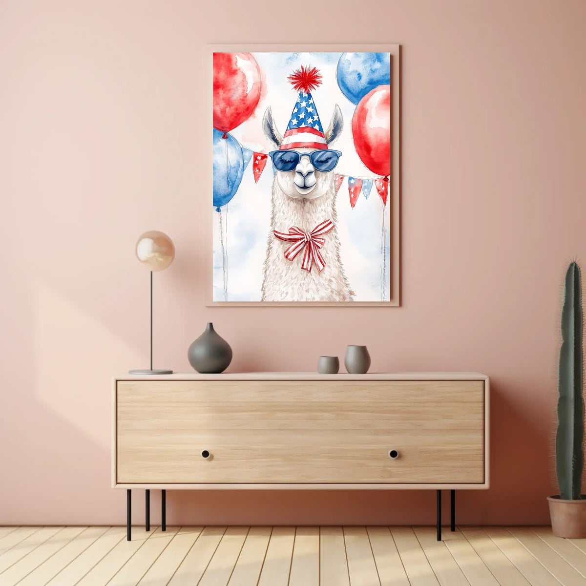Playful watercolor of a llama wearing a stars and stripes hat and sunglasses standing in front of bunting and balloons in red white and blue Poster
