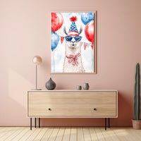 Playful watercolor of a llama wearing a stars and stripes hat and sunglasses standing in front of bunting and balloons in red white and blue Poster