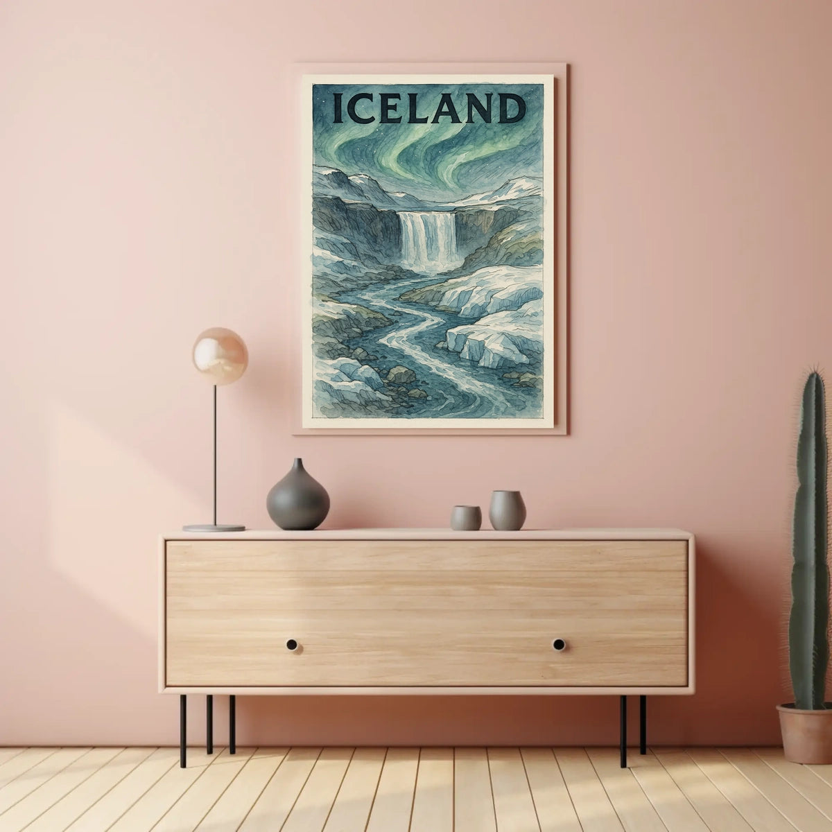 Icelandic Waterfall with Aurora Borealis Travel Poster