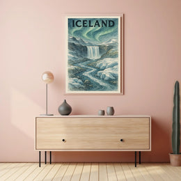 Icelandic Waterfall with Aurora Borealis Travel Poster