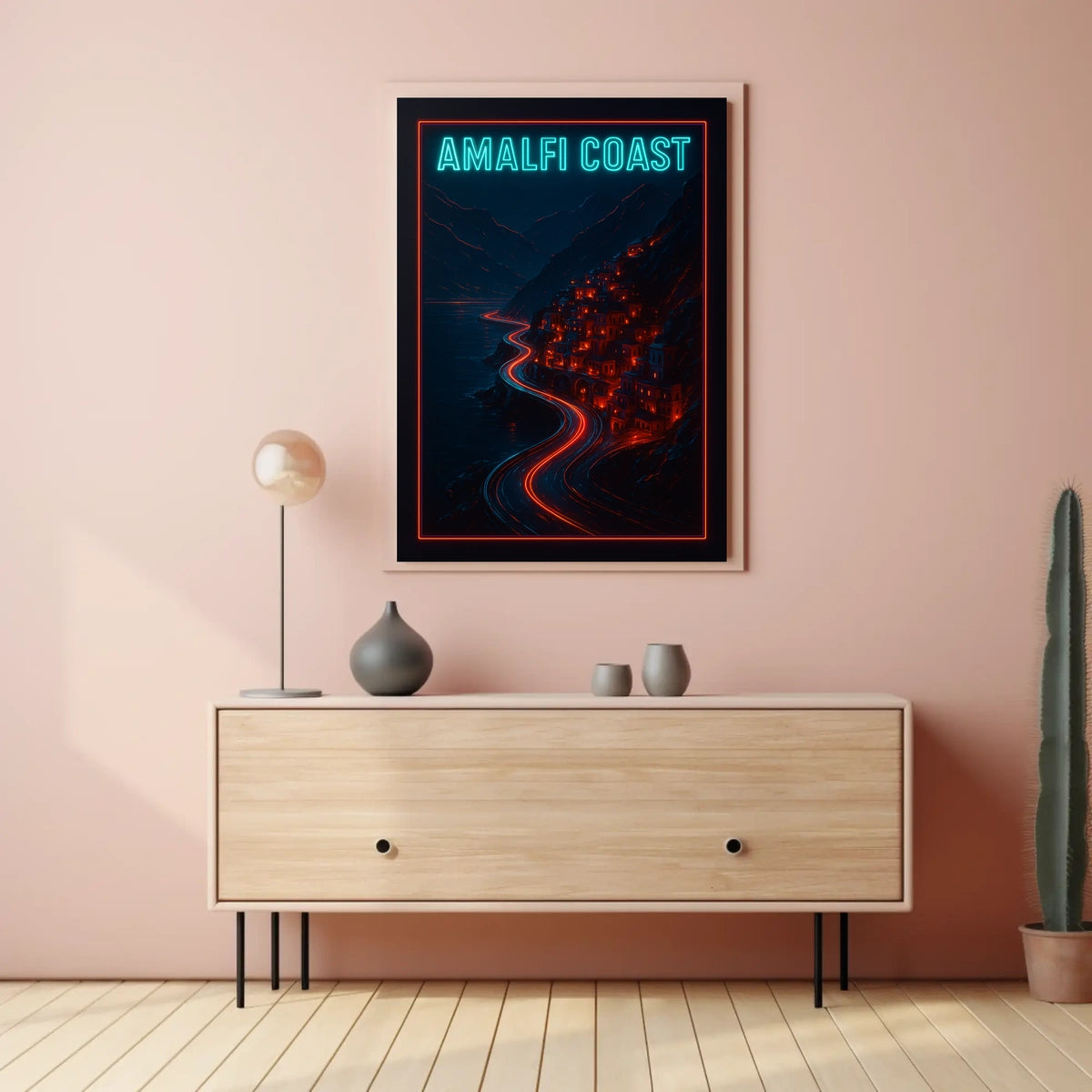 Amalfi Coast Neon Nightscape Poster