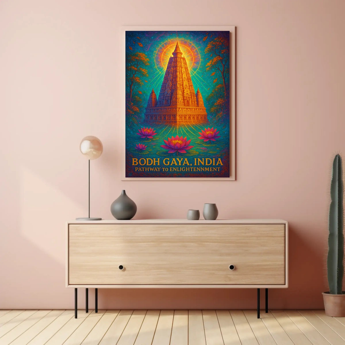 Bodh Gaya Spiritual Enlightenment Poster with Lotus Flowers