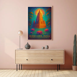 Bodh Gaya Spiritual Enlightenment Poster with Lotus Flowers