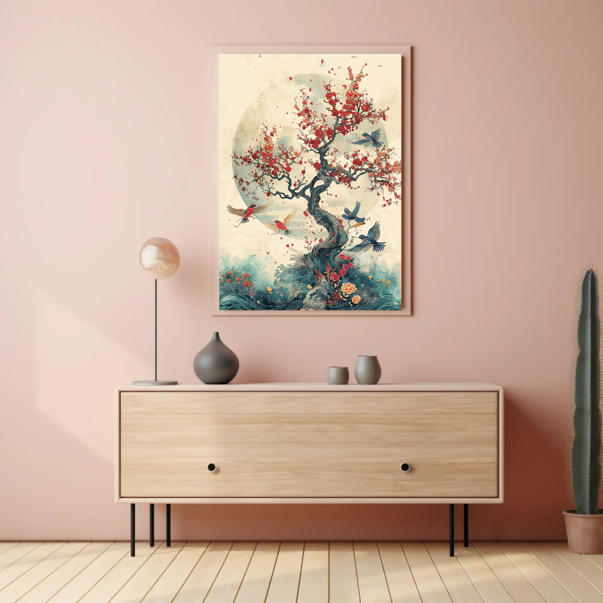 Cherry Blossom Harmony: Birds in Tranquil Flight PosterGoat