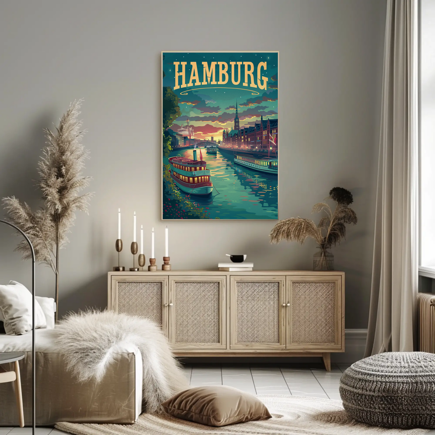 Hamburg Riverfront Twilight Travel Poster