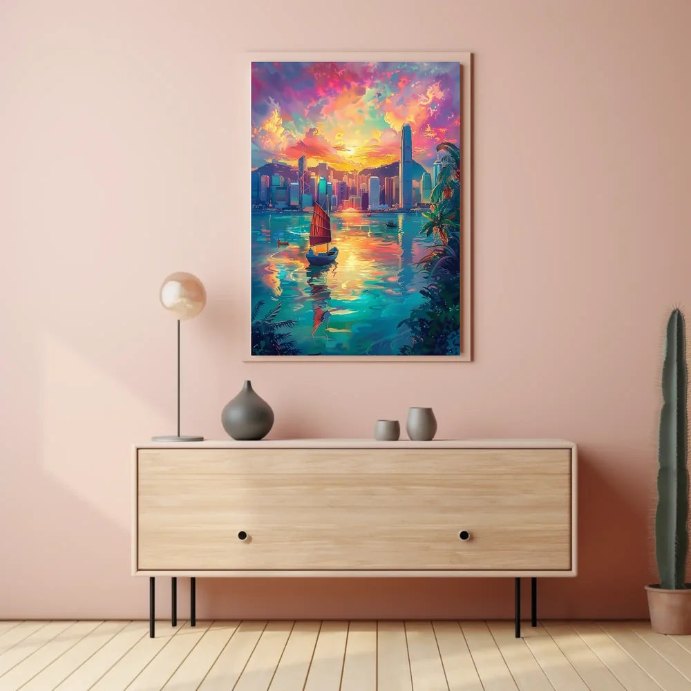 Hong Kong Harbor Sunset Impressionistic Art Poster