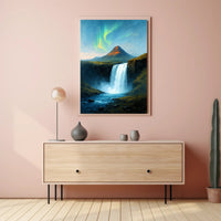Majestic Northern Lights Over Waterfall Poster