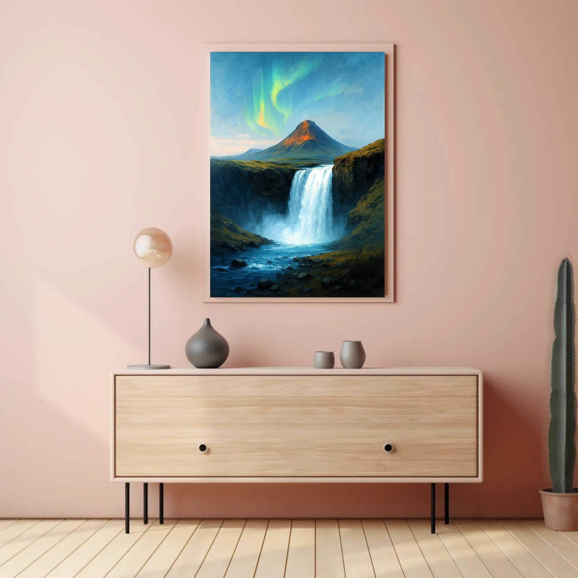 Majestic Northern Lights Over Waterfall Poster