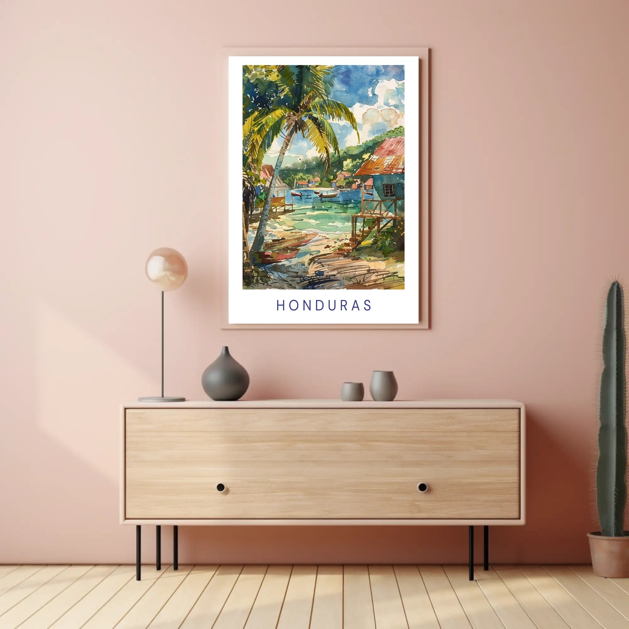 Honduran Coastal Village Serene Watercolor Art Travel Poster PosterGoat