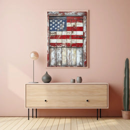 Rustic Wooden Barn Door With Faded American Flag Poster