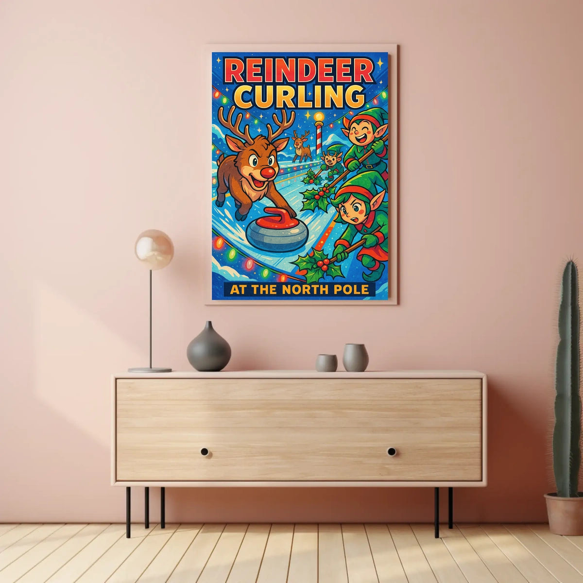 Reindeer Curling at the North Pole Poster