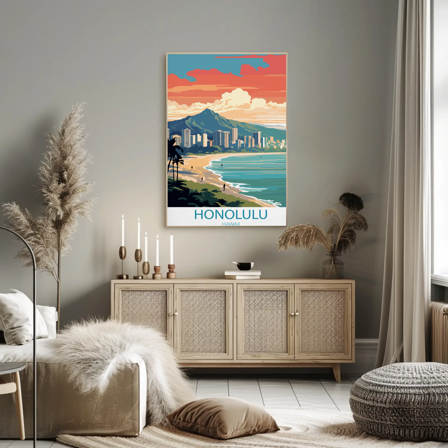 Honolulu Hawaii Sunset Skyline Modern Minimal Travel Poster
