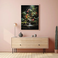 Tropical Paradise: Lush Botanical Poster Featuring Birds and Waterfall