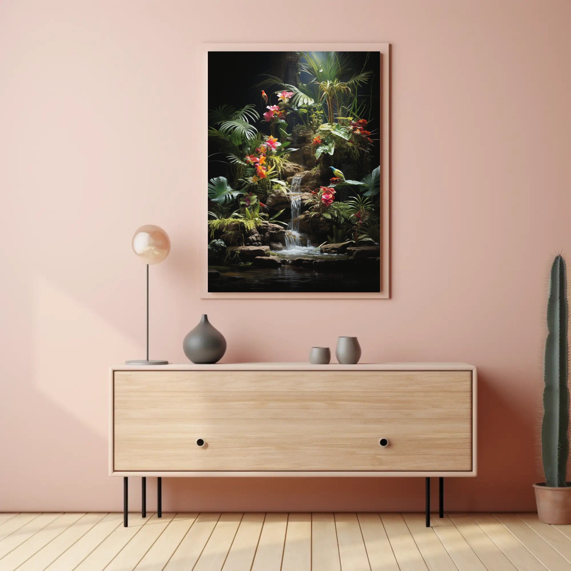 Tropical Paradise: Lush Botanical Poster Featuring Birds and Waterfall