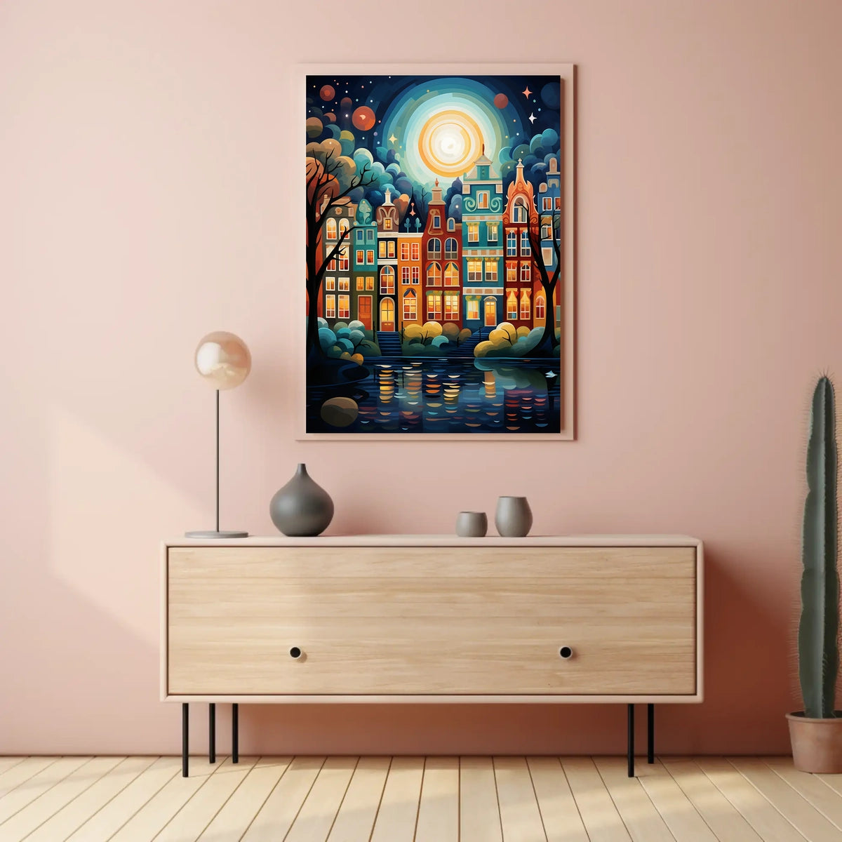 Vibrant European Cityscape at Night Travel Poster