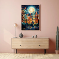 Vibrant European Cityscape at Night Travel Poster