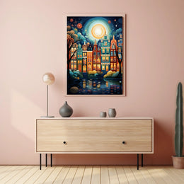 Vibrant European Cityscape at Night Travel Poster