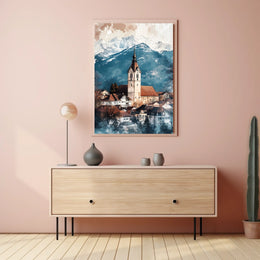 Liechtenstein Balzers Church and Mountains View Poster