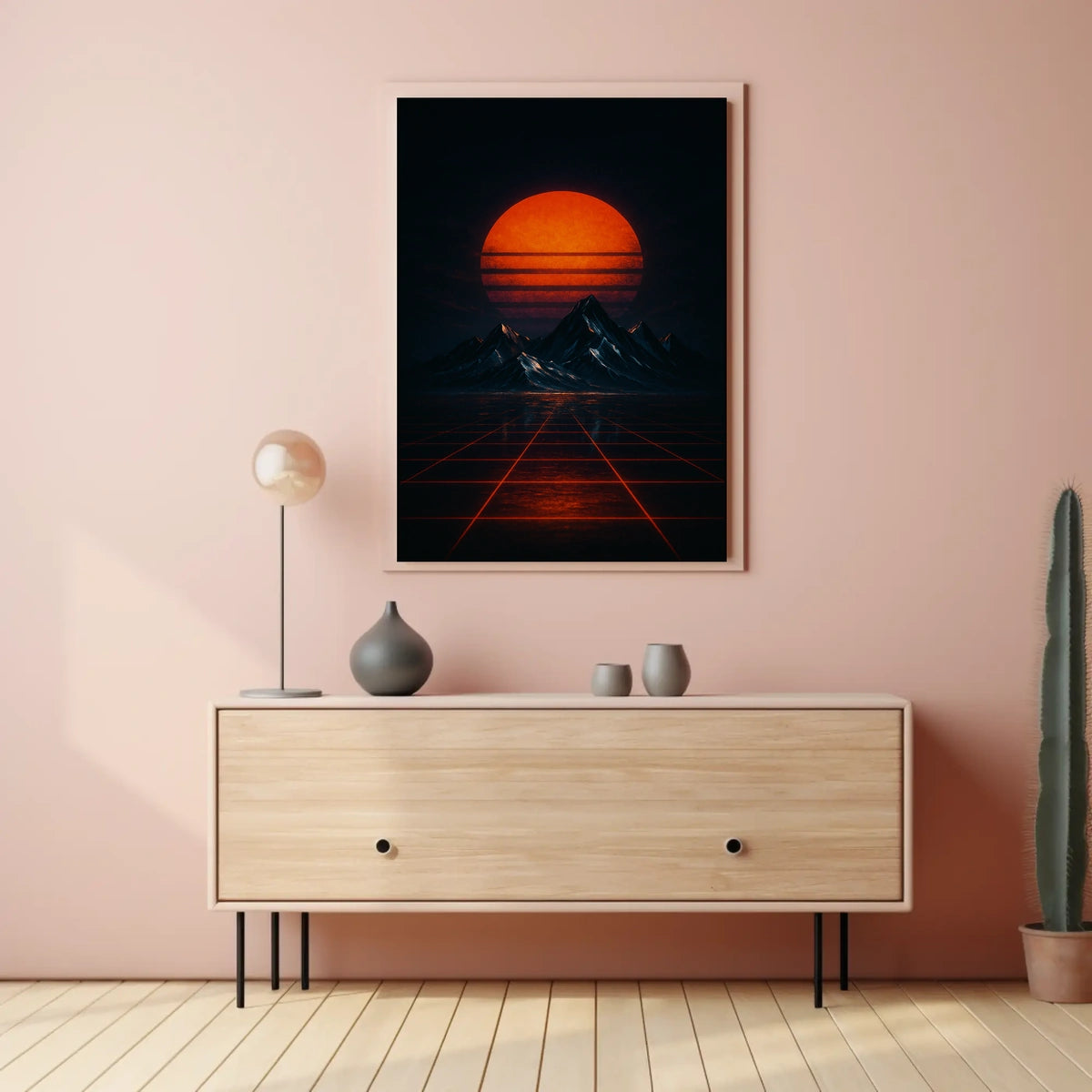 Retro-Futuristic Synthwave Landscape with Glowing Sun - Futuristic Sci-Fi Poster