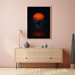 Retro-Futuristic Synthwave Landscape with Glowing Sun - Futuristic Sci-Fi Poster