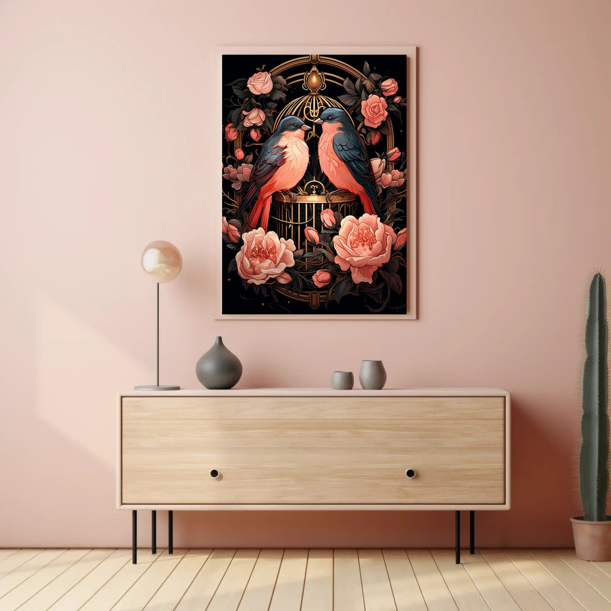 Enchanting Birds and Roses Vintage Art Poster