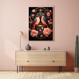 Enchanting Birds and Roses Vintage Art Poster