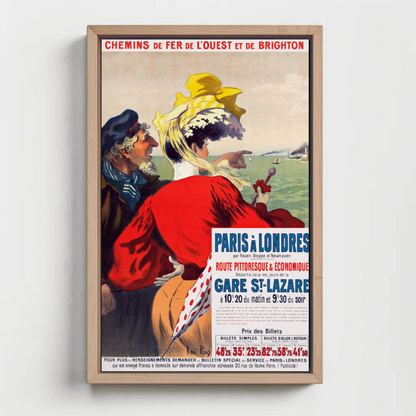Paris To London Seaside View Couple Vintage Travel Poster