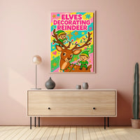 Elves Decorating Reindeer Poster