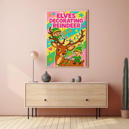 Elves Decorating Reindeer Poster