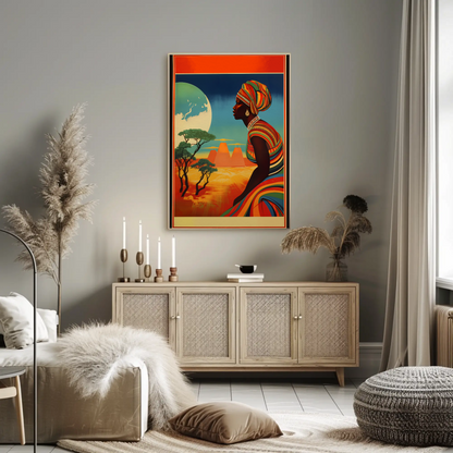 African Woman Desert Moon Landscape Travel Poster