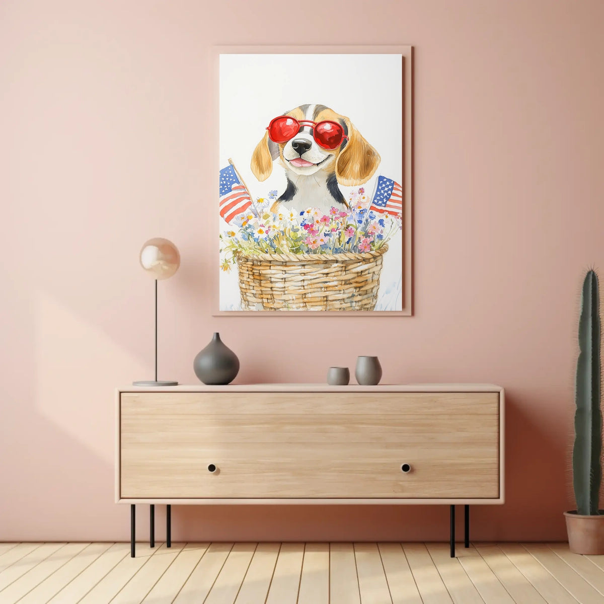 Beagle Puppy With Red Sunglasses In Flower Basket Poster