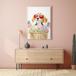 Beagle Puppy With Red Sunglasses In Flower Basket Poster