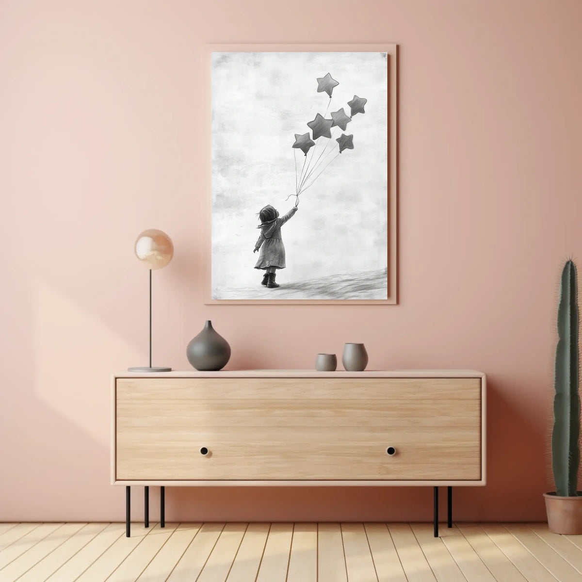 Child Releasing Star Balloons Minimalist Art Sketch Poster