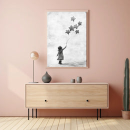 Child Releasing Star Balloons Minimalist Art Sketch Poster