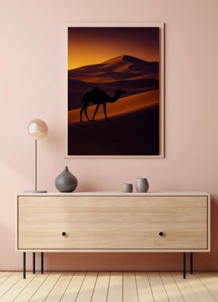 Camel Silhouette at Sunset Travel Poster