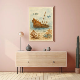 Sunken Ship Underwater Scene Artistic Poster