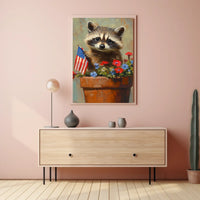 raccoon popping out of a large clay flowerpot Poster