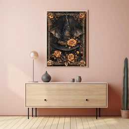 The poster features a central image of a witch's hat adorned with roses. Travel Poster